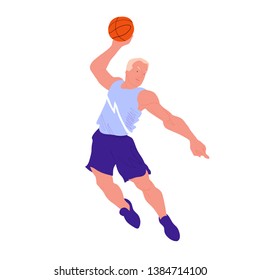 Basketball player. Man in epic pose. Cool guy make a dunk shoot. The people in dynamic pose. Flat with texture vector illustration. Isolated.