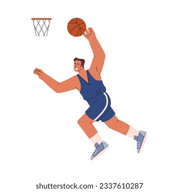 Basketball player man in a jump raised his hand with the ball up, preparing to throw the ball into the hoop. Sportsman in blue uniform trains. Cartoon sport character. Vector isolated illustration