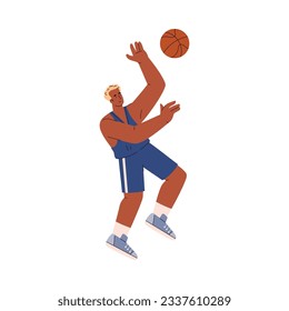 Basketball player man jumping to catch the ball. Black sportsman in blue uniform trains, enjoy the movement. Cartoon sport disproportionate character. Vector illustration isolated on white background