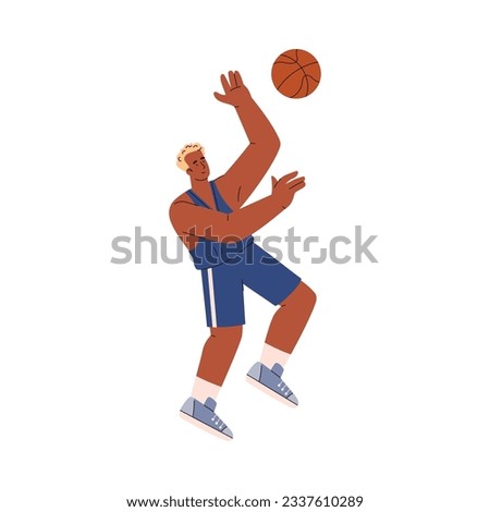 Basketball player man jumping to catch the ball. Black sportsman in blue uniform trains, enjoy the movement. Cartoon sport disproportionate character. Vector illustration isolated on white background
