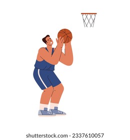 Basketball player man little sat down to throw the ball into the ring, takes aim, hit. Sportsman in blue uniform trains on workout, shooting ball. Cartoon sport character. Vector isolated illustration