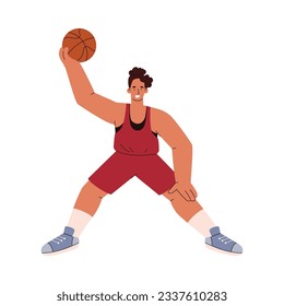 Basketball player man raised his hand with the ball up. Sportsman in red uniform trains, front view. Cartoon sport disproportionate character on game competition. Vector illustration isolated on white