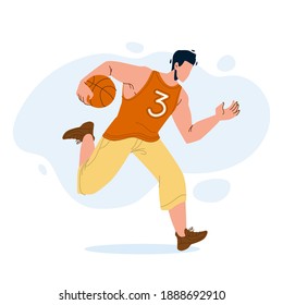 Basketball Player Man Running With Ball Vector. Basketball Game Playing Young Boy Sportsman. Athletic Character Wearing Sport Clothes Training Or Competition Flat Cartoon Illustration