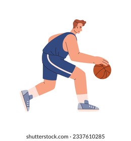 Basketball player man running and dribbling. Produces ball protection on match. Cartoon sport disproportionate character on game competition, side view. Vector illustration isolated on white