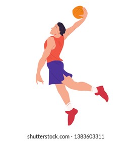 Basketball player. Man throws a ball from above in a jump. The people in dynamic pose. Flat with texture vector illustration. Isolated.