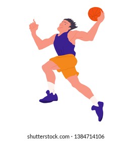 Basketball player. Man throws a ball from above in a jump. Pull up runner. The people in dynamic pose. Flat with texture vector illustration. Isolated.