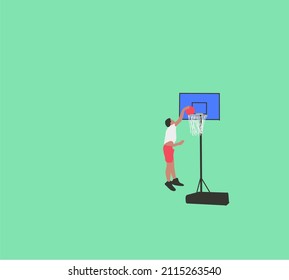 Basketballspieler. Der Mann wirft einen Basketball in den Korb. Professionelle Basketballarena. Cartoon-Vektorgrafik