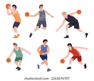 Basketball player. Men playing, guys jumping with ball, muscular basketball players in different playing positions.