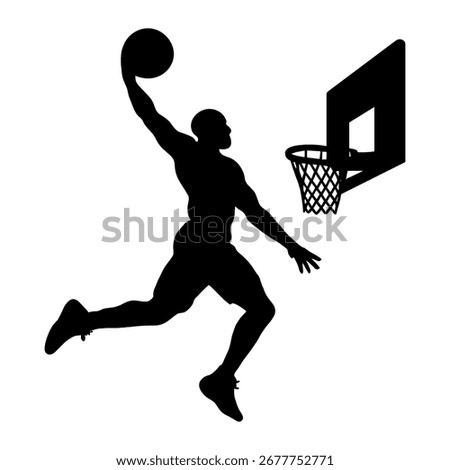 Basketball player is in mid-air, attempting to dunk the ball. The silhouette of the player is black and white, and the basketball is white. Concept of athleticism and determination