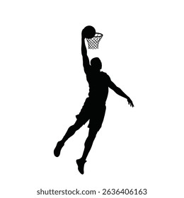 Basketball Player Mid-Air Dunk Black Silhouette Icon One-Hand Slam Dunk Action Sports Vector