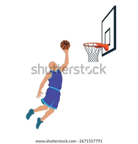 Basketball player in mid-air preparing to shoot the ball towards the hoop, flat illustration