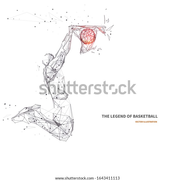 バスケットボールの選手が動いています 抽象的な多角形のベクターイラスト スラムダンクコンテスト 白い背景にバスケットボールに飛び上がる筋肉質の男性 低ポリワイヤフレームデジタルアート のベクター画像素材 ロイヤリティフリー