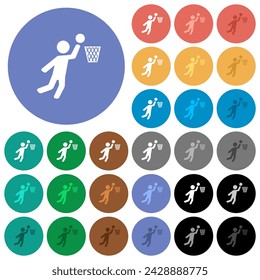 Basketball player multi colored flat icons on round backgrounds. Included white, light and dark icon variations for hover and active status effects, and bonus shades.