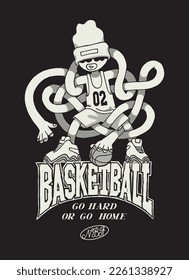 Basketball player with noodle hands. Skillful basketball typography silkscreen t-shirt print vector illustration.
