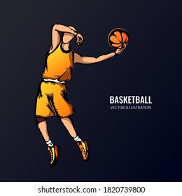 Un jugador de baloncesto en el fondo negro. Esbozo, estilo dibujado a mano. Ilustración vectorial.