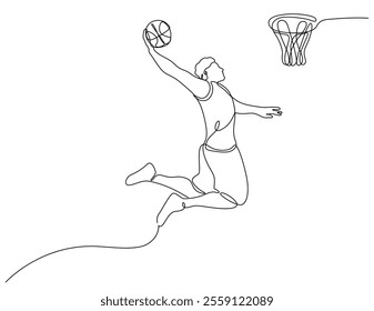 Basketball player on basketball court in action, basketball players in action line vector