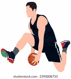 Basketball player on isolated white background. Vector illustration in full length in playing pose.