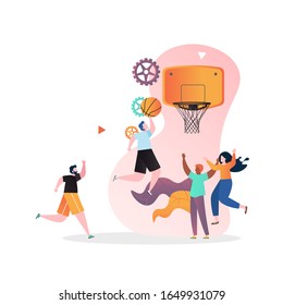 Jugador de básquetbol interpretando pedazos de slam, ilustración vectorial. Torneo de baloncesto, juego de equipo interior o verano al aire libre concepto para banner web, página web etc.