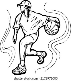 Basketball player playing with ball. Healthy funny sport activity. Trendy jumping fitness exercises for young people. Fashion sportswear. Hand drawn vector illustration. Cartoon character line drawing