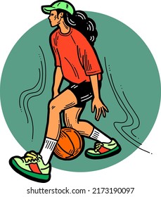Basketball player playing with ball. Healthy funny sport activity. Trendy jumping fitness exercises for young people. Fashion sportswear. Hand drawn vector illustration. Cartoon line character drawing