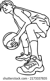 Basketball player playing with ball. Healthy funny sport activity. Trendy jumping fitness exercises for young people. Fashion sportswear. Vector illustration. Cartoon line style character drawing.