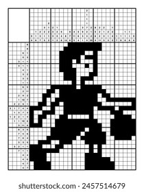 Basketball player plays with ball. Nonogram, japanese crossword, educational game. Black and white, 25x30. Logical solution. Structured customizable EPS.