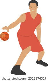 Jugador de baloncesto posa personaje en diseño plano de dibujos animados. Ilustración vectorial
