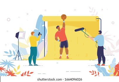 Basketball Player Posing for Photo and Recording Video. Photographer and Cameraman Shooting Crew Working with Sportsman Character. Professional Photosession with Champion. Vector Illustration