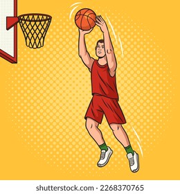 basketball player puts the ball in the hoop pop art retro vector illustration. Comic book style imitation.