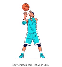 Jugador de baloncesto que alcanza hacia arriba para coger una pelota naranja, llevando un uniforme turquesa con adornos blancos contra un fondo blanco, creando una ilustración deportiva y vibrante