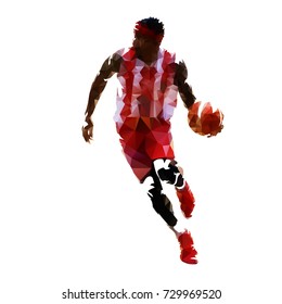 Basketball player in red jersey with ball, abstract geometric illustration