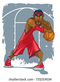 Basketball Player in a Red Jersey Playing Ball Against a Grunge Basketball Court Background