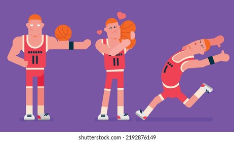 basketball player with red basketball wear, run away fast, red hair player love his ball and give her a hug, Trying to Impress Showing Muscles, Flat avatar vector illustration