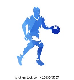 Basketball player running with ball, abstract blue geometric vector silhouette