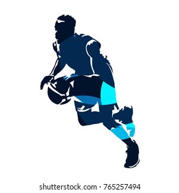 Basketball player running with ball, abstract blue vector silhouette
