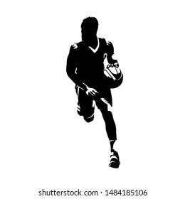 Basketball player running with ball, dribbling. Isolated vector silhouette, ink drawing, front view. Basketball point guard comic style illustration