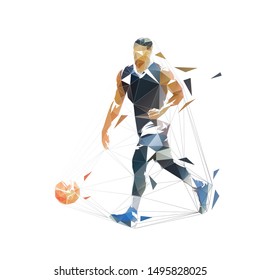Basketball player running with ball, dribbling. Isolated vector low polygonal illustration, front view. Basketball point guard, geometric style