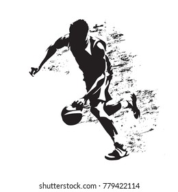 Basketball player running with ball, grungy vector silhouette