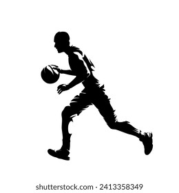 Basketball player running with ball, isolated vector silhouette. Team sport athlete