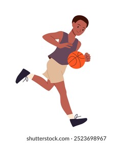 Basketball player running with ball to make shot into basket. Young male athlete character in sport uniform playing on field, man training defense and attack actions cartoon vector illustration