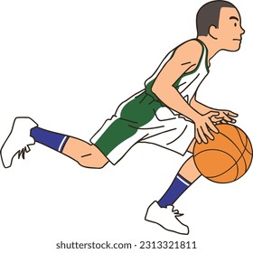 A basketball player running and dribbling