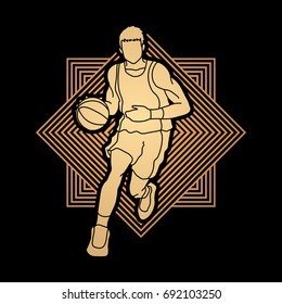 Basketball player running front view designed on luxury geometric pattern graphic vector