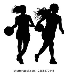 Basketball Player and Running Woman with Ball Silhouettes on White.