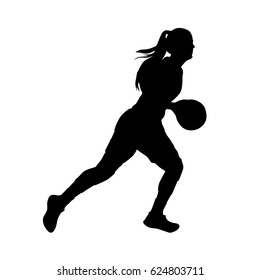Basketball player, running woman with ball, vector silhouette