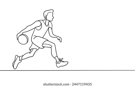 Basketball player runs with ball continuous line art drawing isolated on white background. Sport line art drawing. Vector illustration