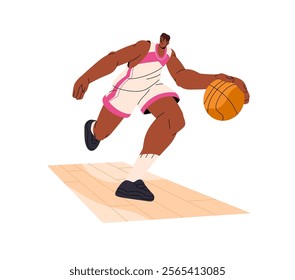 Basketball player runs, rushing, dribbling in match. Black sportsman plays sports game, competition. Athlete in uniform does basket ball training. Flat isolated vector illustration on white background