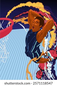 Basketball player scores a goal in a basket in a throw on a basketball court. Vector illustration.