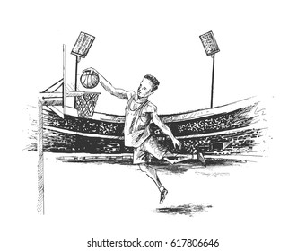 Basketball Player scoring an athletic, amazing slam dunk, Hand Drawn Sketch Vector illustration.