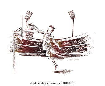 Basketball Player scoring an athletic, amazing slam dunk, Hand Drawn Sketch Vector illustration.