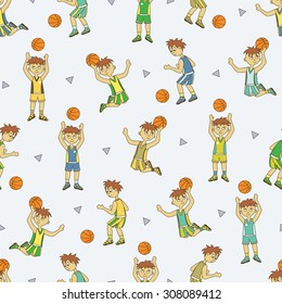 Basketball player seamless pattern on light background. Vector cartoon illustration